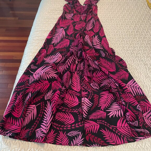 RIXO Antoinette Pink Palm Print Frilly Sleeve 100% Silk Midi Dress (Size S/P) - Picture 16 of 16